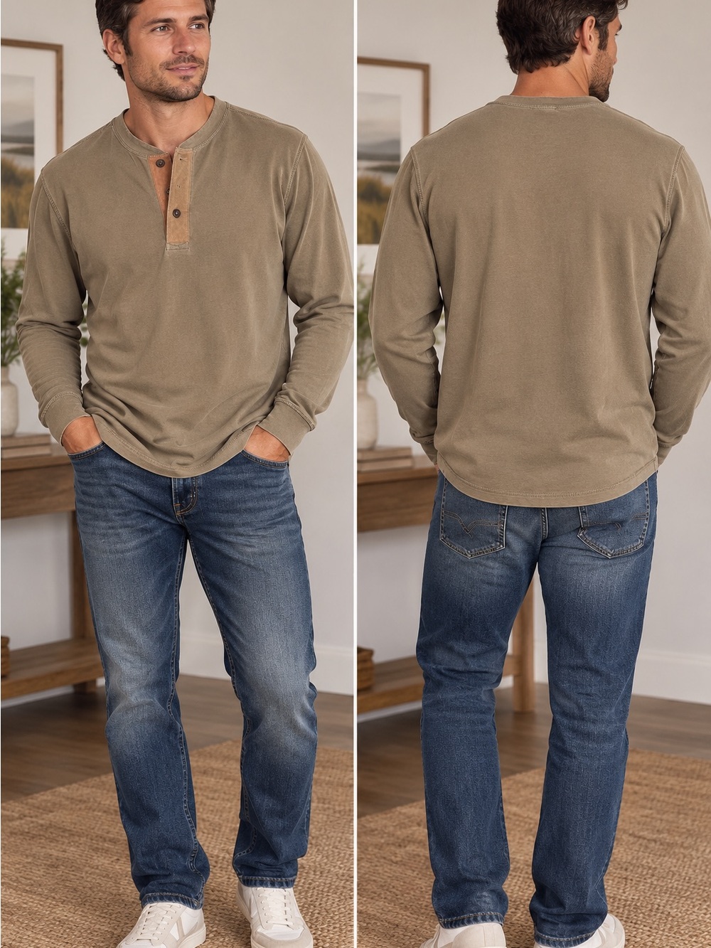 Reel Legends Men's Long-Sleeve Henley in Olive Green with Contrast Placket